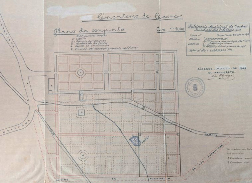 Cáceres expone como 'Documento del mes' el plano de la ampliación del cementerio en 1949